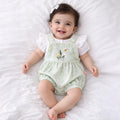 Kids Girls Green White Check Dungaree Dress with Puff Sleeve Poplin Top & Adjustable Strap