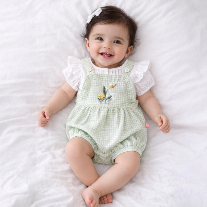 Kids Girls Green White Check Dungaree Dress with Puff Sleeve Poplin Top & Adjustable Strap