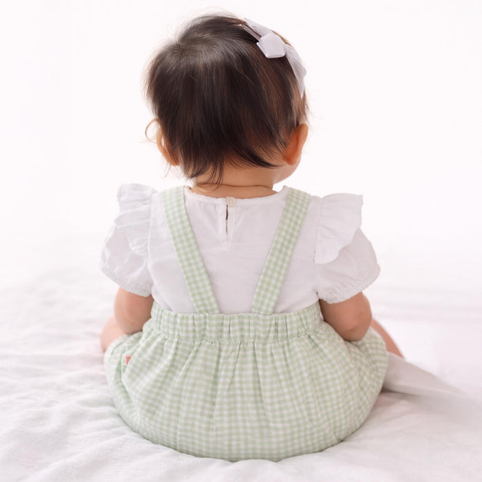 Kids Girls Green White Check Dungaree Dress with Puff Sleeve Poplin Top & Adjustable Strap