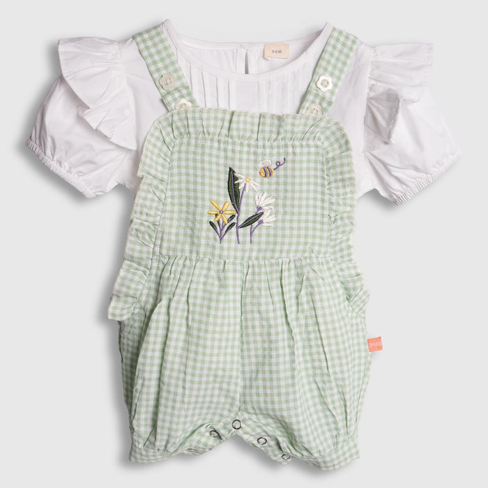 Kids Girls Green White Check Dungaree Dress with Puff Sleeve Poplin Top & Adjustable Strap