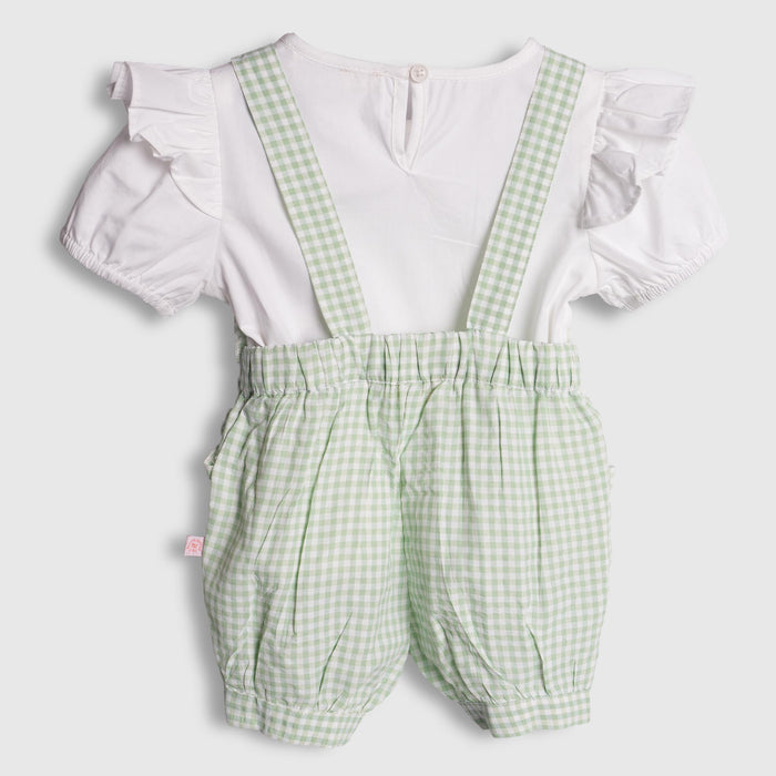 Kids Girls Green White Check Dungaree Dress with Puff Sleeve Poplin Top & Adjustable Strap