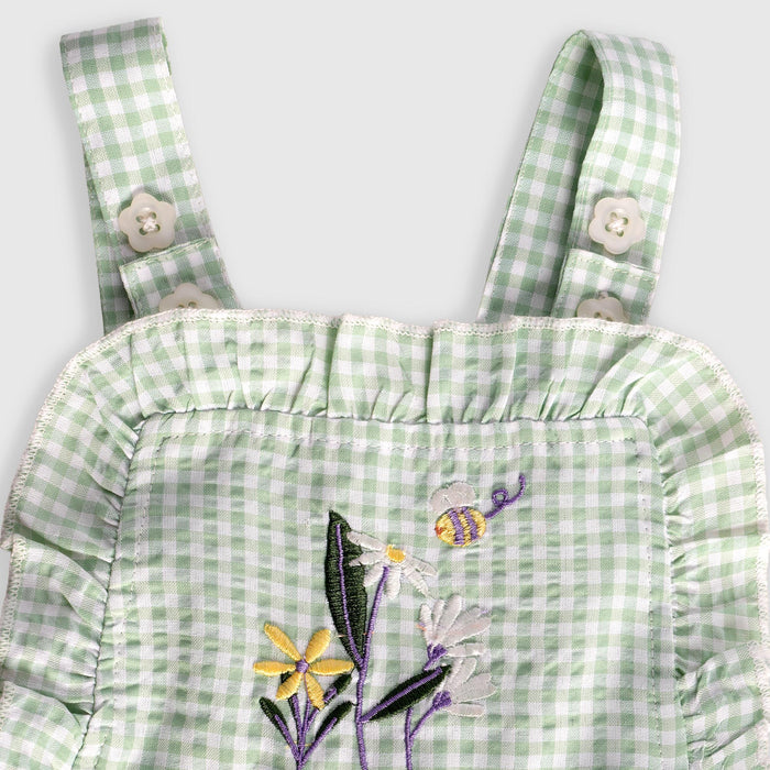 Kids Girls Green White Check Dungaree Dress with Puff Sleeve Poplin Top & Adjustable Strap