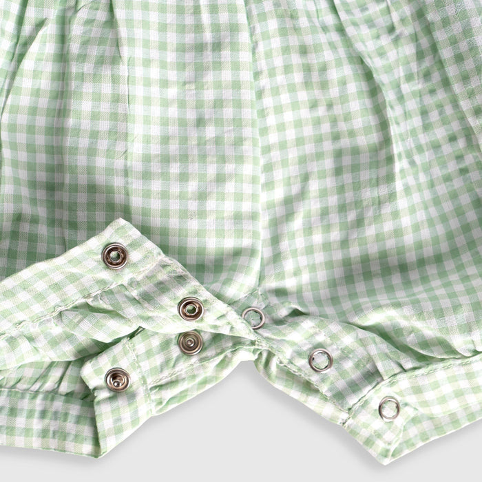 Kids Girls Green White Check Dungaree Dress with Puff Sleeve Poplin Top & Adjustable Strap