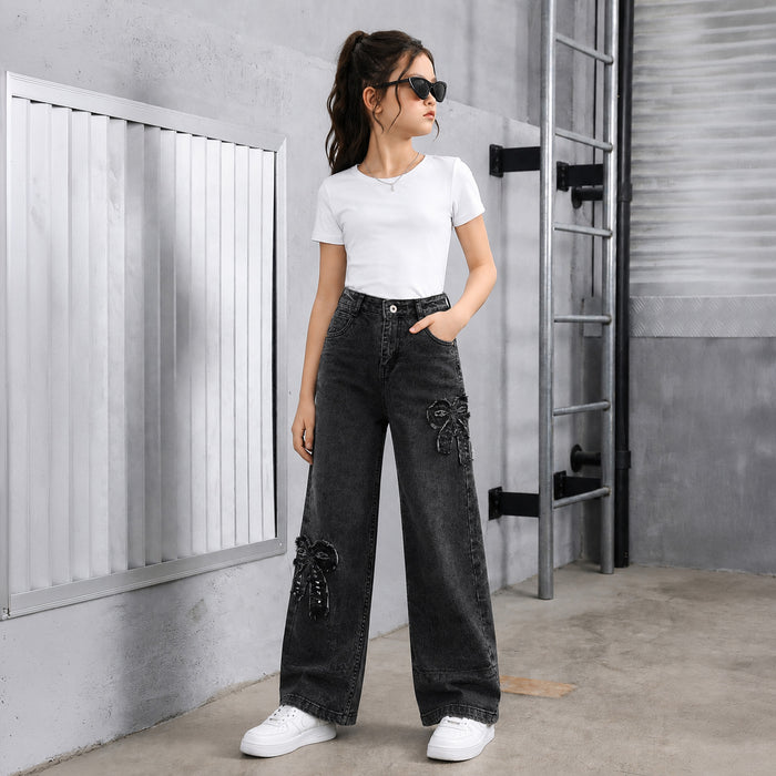 Kids Girls Jeans in Black Denim with Regular Fit & Applique Bow Detail, Comfort Stylish Wear