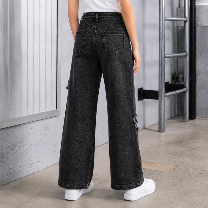 Kids Girls Jeans in Black Denim with Regular Fit & Applique Bow Detail, Comfort Stylish Wear