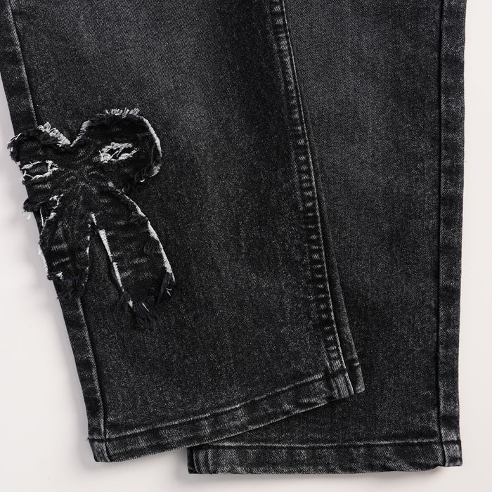 Kids Girls Jeans in Black Denim with Regular Fit & Applique Bow Detail, Comfort Stylish Wear