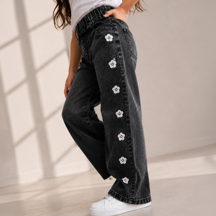 Kids Girls Jeans in Black Denim with Straight Fit, Floral Embroidery & Elastic Waist