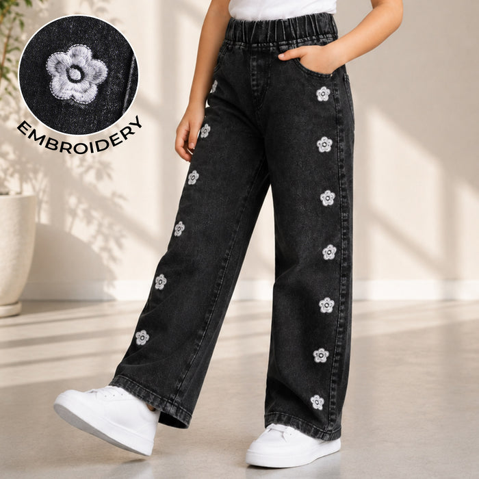 Kids Girls Jeans in Black Denim with Straight Fit, Floral Embroidery & Elastic Waist