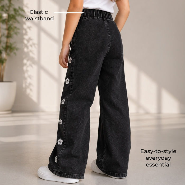 Kids Girls Jeans in Black Denim with Straight Fit, Floral Embroidery & Elastic Waist