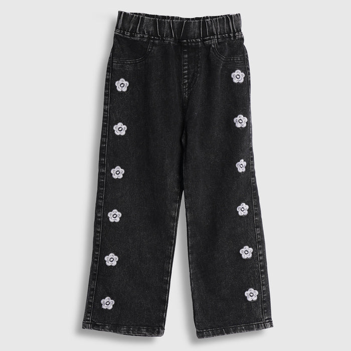 Kids Girls Jeans in Black Denim with Straight Fit, Floral Embroidery & Elastic Waist