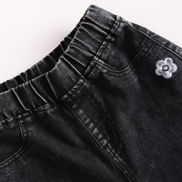 Kids Girls Jeans in Black Denim with Straight Fit, Floral Embroidery & Elastic Waist