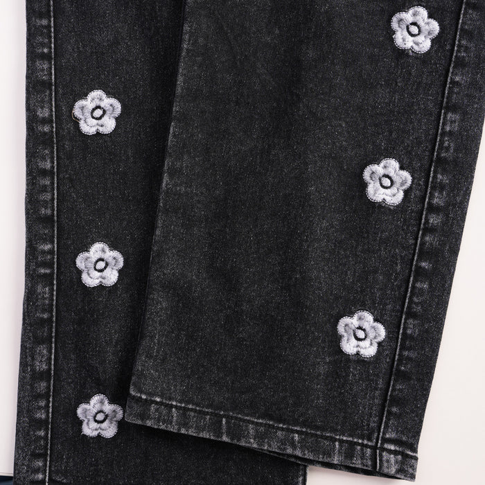 Kids Girls Jeans in Black Denim with Straight Fit, Floral Embroidery & Elastic Waist