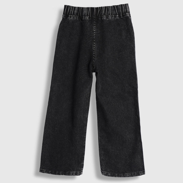 Kids Girls Jeans in Black Denim with Straight Fit, Floral Embroidery & Elastic Waist