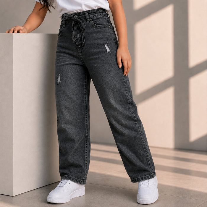 Kids Girls Jeans in Black with Functional Drawstring Waist and Relaxed Wide Leg Fit