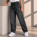 Kids Girls Jeans in Black with Functional Drawstring Waist and Relaxed Wide Leg Fit