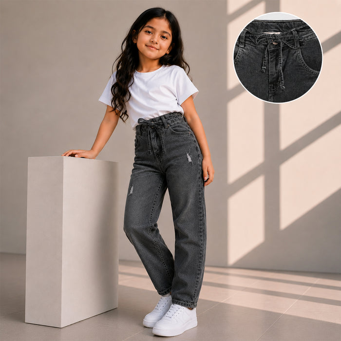 Kids Girls Jeans in Black with Functional Drawstring Waist and Relaxed Wide Leg Fit