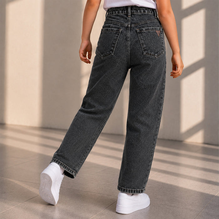 Kids Girls Jeans in Black with Functional Drawstring Waist and Relaxed Wide Leg Fit