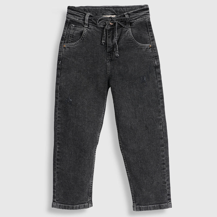 Kids Girls Jeans in Black with Functional Drawstring Waist and Relaxed Wide Leg Fit