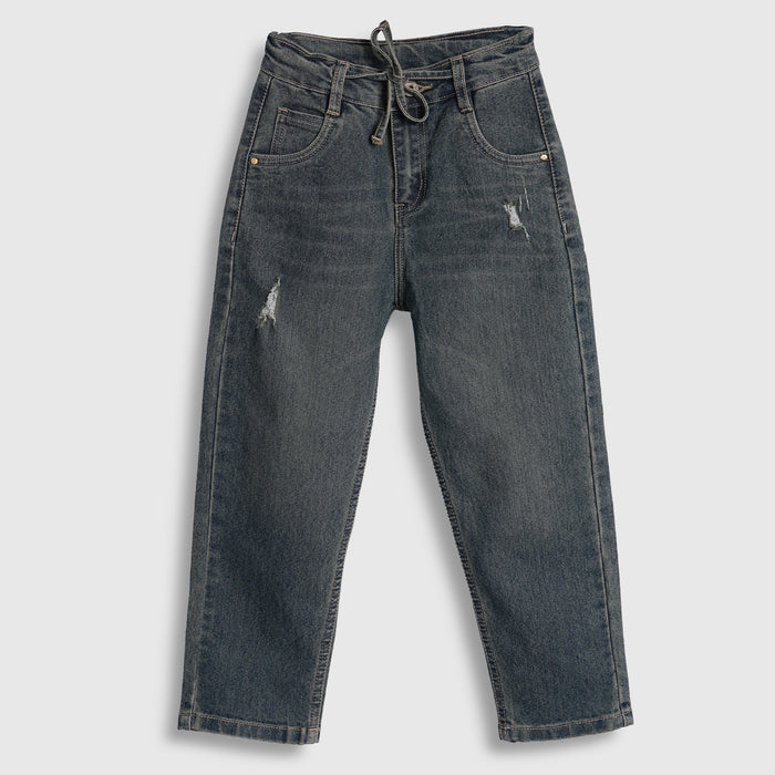 Kids Girls Jeans in Blue with Functional Drawstring Waist and Relaxed Fit