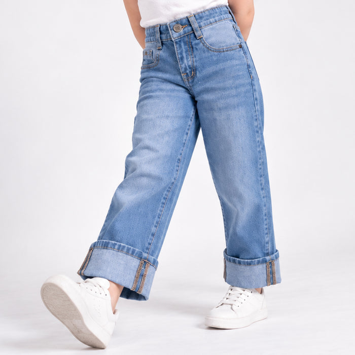 Kids Girls Jeans in Blue with Turn-Up Cuffs, High-Waist, Relaxed Fit & 5-Pocket Detail