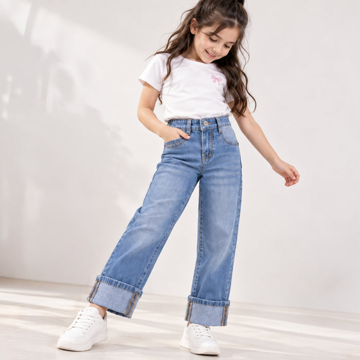 Kids Girls Jeans in Blue with Turn-Up Cuffs, High-Waist, Relaxed Fit & 5-Pocket Detail