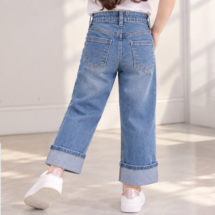 Kids Girls Jeans in Blue with Turn-Up Cuffs, High-Waist, Relaxed Fit & 5-Pocket Detail
