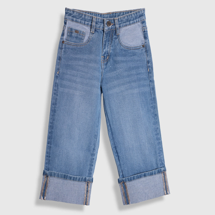 Kids Girls Jeans in Blue with Turn-Up Cuffs, High-Waist, Relaxed Fit & 5-Pocket Detail