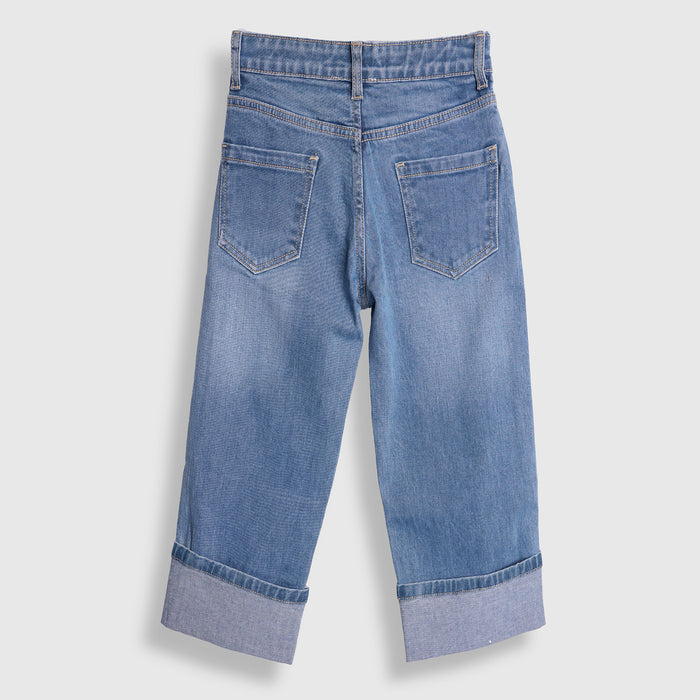 Kids Girls Jeans in Blue with Turn-Up Cuffs, High-Waist, Relaxed Fit & 5-Pocket Detail