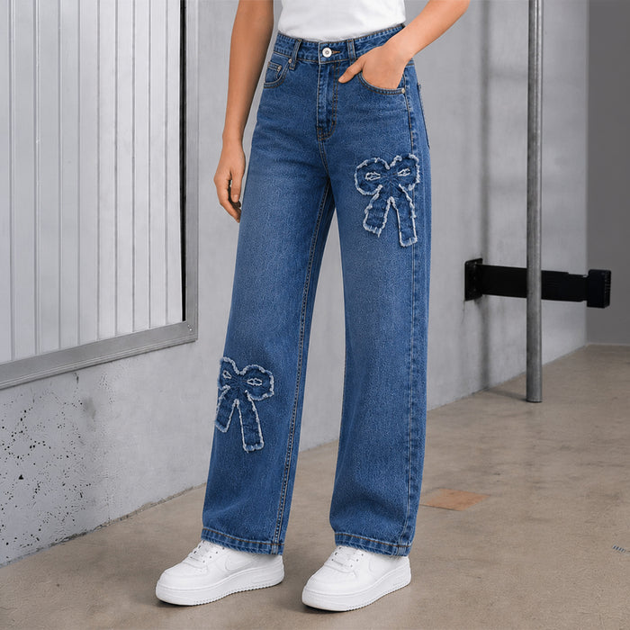 Kids Girls Jeans in Dark Blue Denim with Regular Fit & Applique Bow Detail, Comfort Stylish Wear