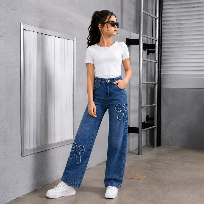 Kids Girls Jeans in Dark Blue Denim with Regular Fit & Applique Bow Detail, Comfort Stylish Wear