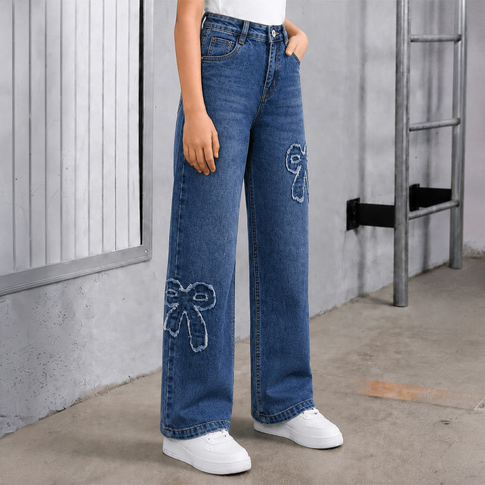 Kids Girls Jeans in Dark Blue Denim with Regular Fit & Applique Bow Detail, Comfort Stylish Wear