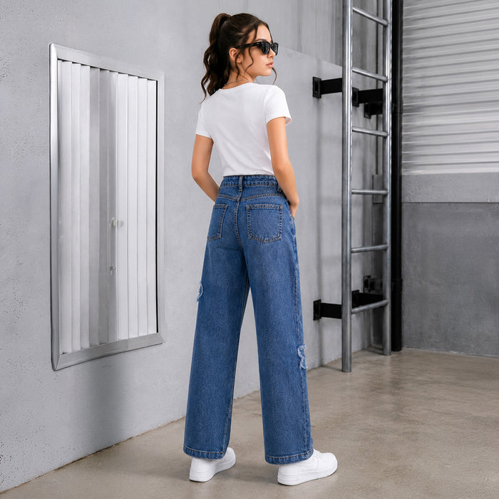 Kids Girls Jeans in Dark Blue Denim with Regular Fit & Applique Bow Detail, Comfort Stylish Wear