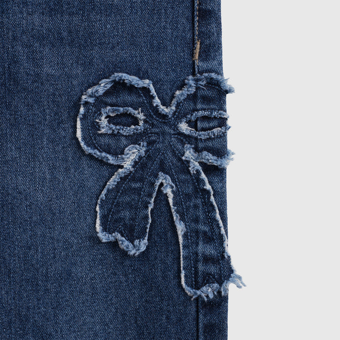 Kids Girls Jeans in Dark Blue Denim with Regular Fit & Applique Bow Detail, Comfort Stylish Wear