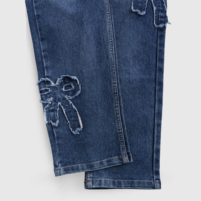 Kids Girls Jeans in Dark Blue Denim with Regular Fit & Applique Bow Detail, Comfort Stylish Wear