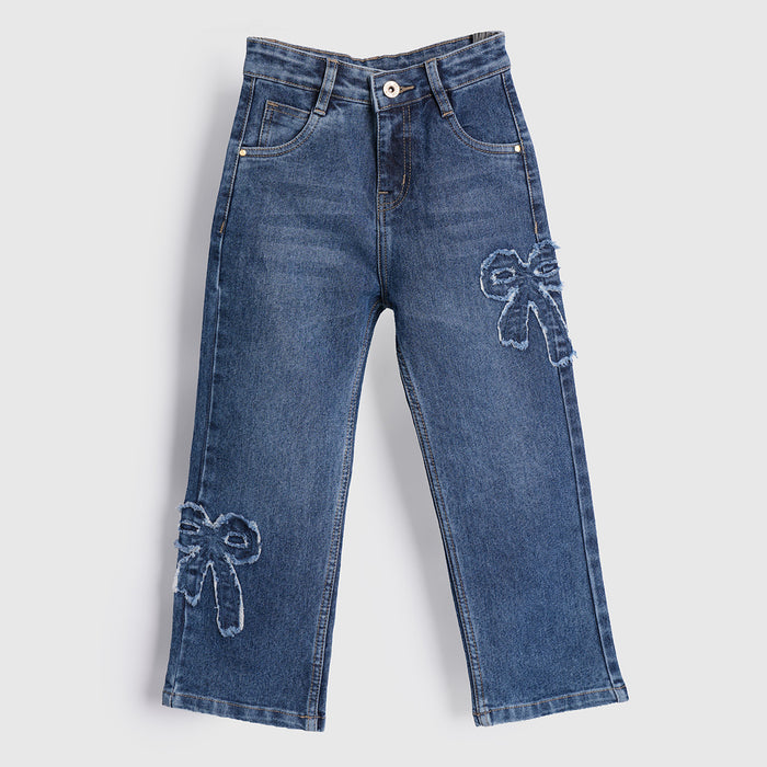 Kids Girls Jeans in Dark Blue Denim with Regular Fit & Applique Bow Detail, Comfort Stylish Wear