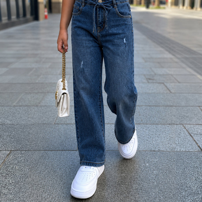 Kids Girls Jeans in Dark Blue with Functional Drawstring Waist and Relaxed Fit