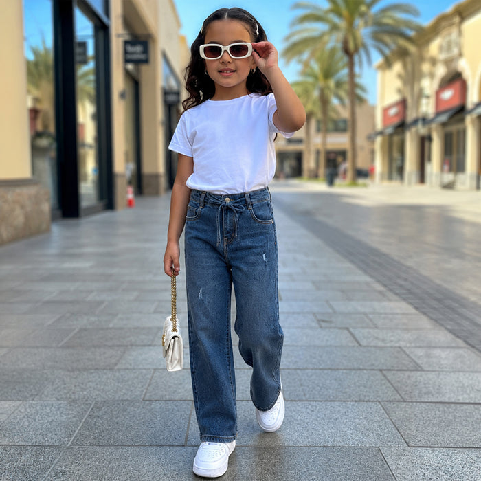 Kids Girls Jeans in Dark Blue with Functional Drawstring Waist and Relaxed Fit