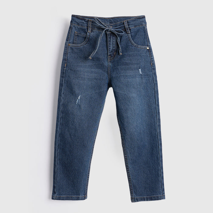 Kids Girls Jeans in Dark Blue with Functional Drawstring Waist and Relaxed Fit