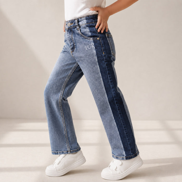 Kids Girls Jeans in Light Blue with Relaxed Straight Fit, Dual Tone Denim & High Rise Waist