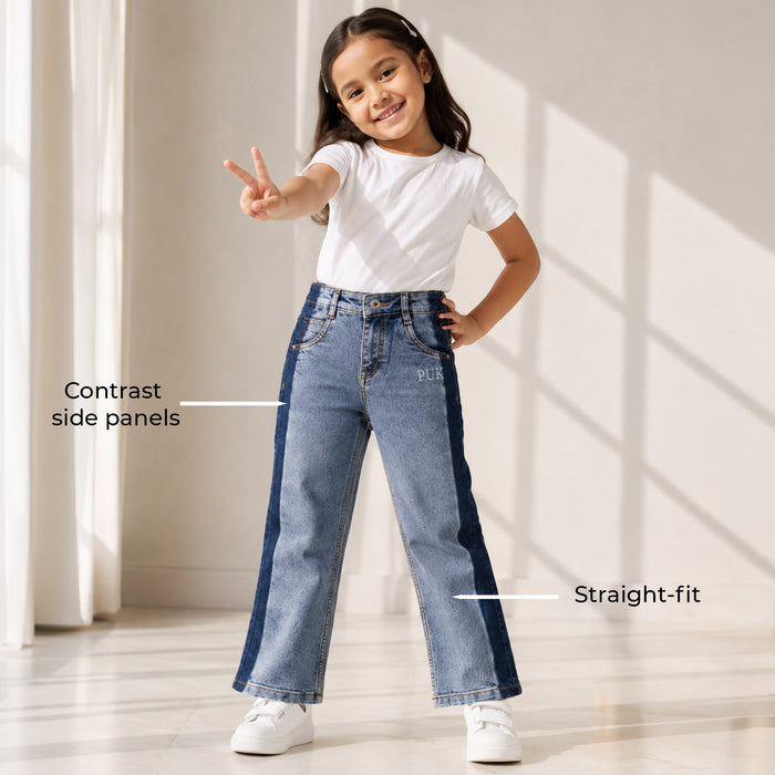 Kids Girls Jeans in Light Blue with Relaxed Straight Fit, Dual Tone Denim & High Rise Waist