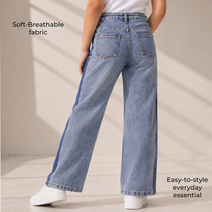 Kids Girls Jeans in Light Blue with Relaxed Straight Fit, Dual Tone Denim & High Rise Waist
