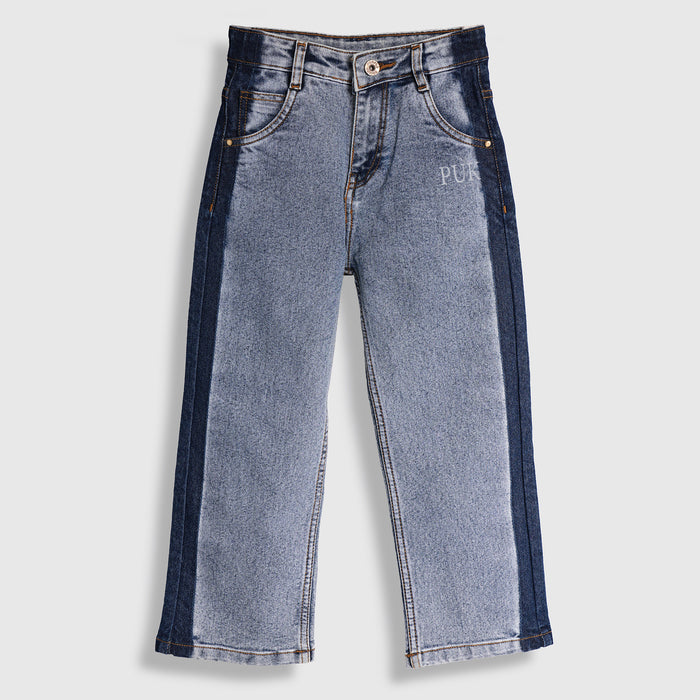 Kids Girls Jeans in Light Blue with Relaxed Straight Fit, Dual Tone Denim & High Rise Waist