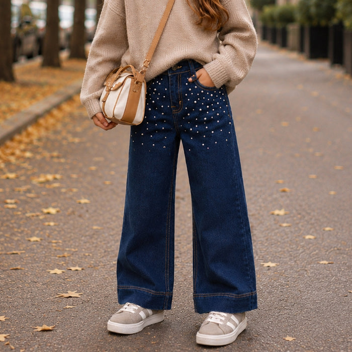 Kids Girls Jeans in Mid Blue with High-Waist Comfort Relaxed Fit & Rhinestone Detail