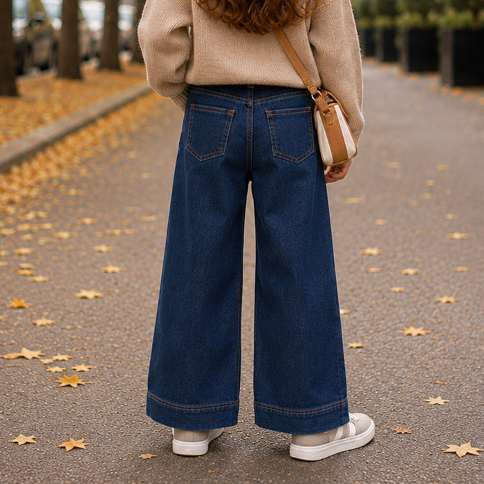 Kids Girls Jeans in Mid Blue with High-Waist Comfort Relaxed Fit & Rhinestone Detail