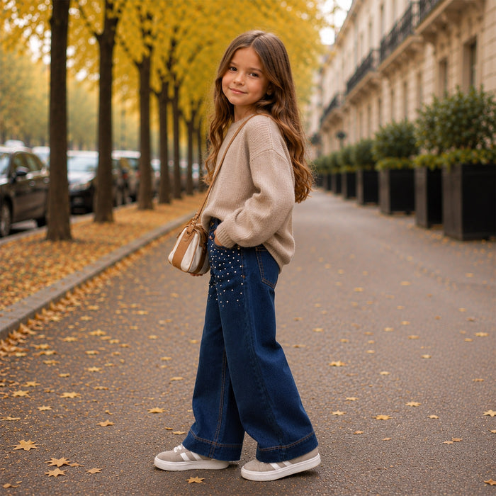 Kids Girls Jeans in Mid Blue with High-Waist Comfort Relaxed Fit & Rhinestone Detail