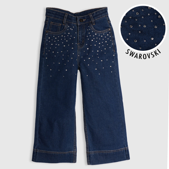 Kids Girls Jeans in Mid Blue with High-Waist Comfort Relaxed Fit & Rhinestone Detail