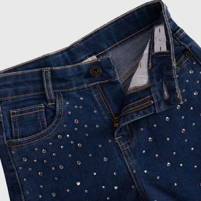 Kids Girls Jeans in Mid Blue with High-Waist Comfort Relaxed Fit & Rhinestone Detail