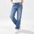Kids Girls Jeans in Mid Blue with Straight Fit, Contrast Stitching & Denim Fabric