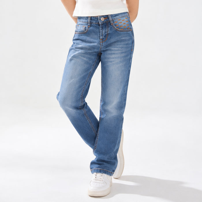 Kids Girls Jeans in Mid Blue with Straight Fit, Contrast Stitching & Denim Fabric