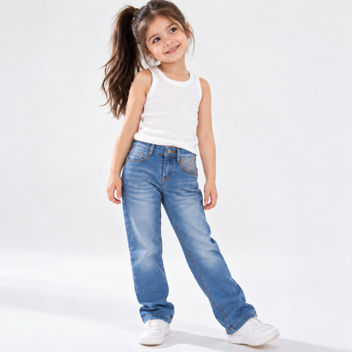 Kids Girls Jeans in Mid Blue with Straight Fit, Contrast Stitching & Denim Fabric